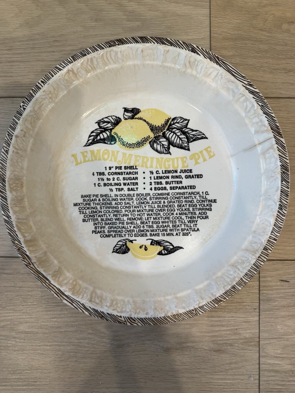 Vintage Royal China Jeannette Lemon Meringue Pie Recipe, White Fluted Edge, 9 in